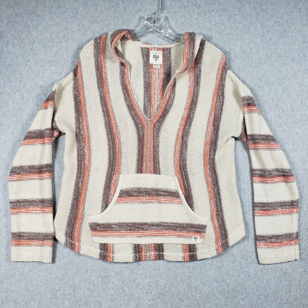 Billabong Women Large Cream Brown Striped Waffle Knit Hoodie Sweatshirt Tunic